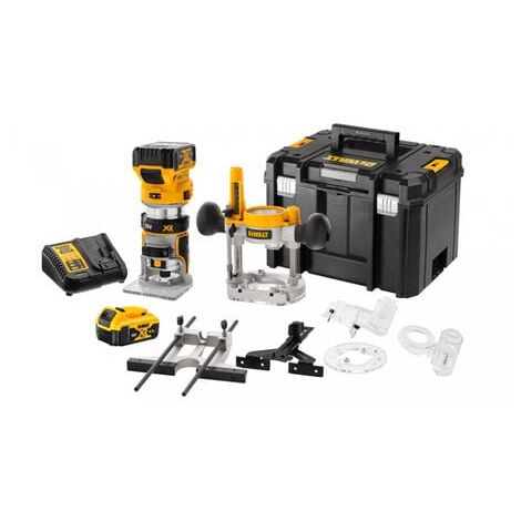 Affleureuse-défonceuse XR 18V 2 x 5Ah Li-ion DEWALT - pince 6-8 mm - en coffret Tsatak avec 2 batteries 18V + chargeur + accessoires - DCW604P2-QW