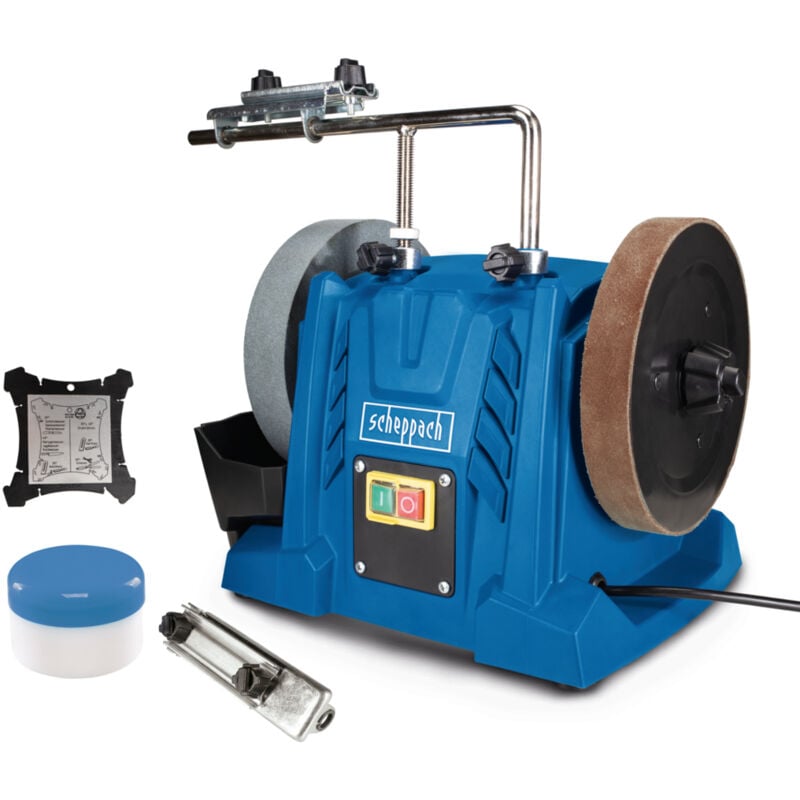 Scheppach - Affûteuse à Eau TIGER5000S - Moteur à induction 150W, Meule en corindon supérieur de ø 200mm, Dispositif universel - Pâte à poncer