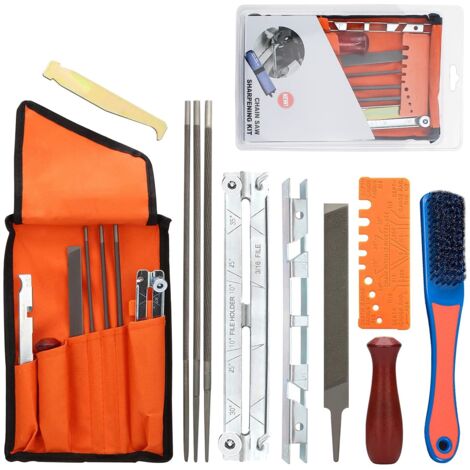Affuteuse de Tronçonneuse Professionnel Kit d'Affûtage Universel pour Tronçonneuses 11 Pièces Affutage Chaine avec Limes Rondes,Lime Plate, Manche, Guide Lime et Pochette -