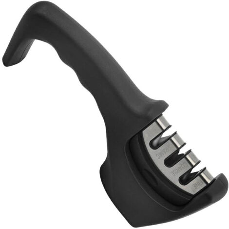 Afilador de 3 etapas para cuchillos de cocina: resultados profesionales/diseño ergonómico, piedra de cerámica/carburo de tungsteno/diamante, acabado negro/cromado.