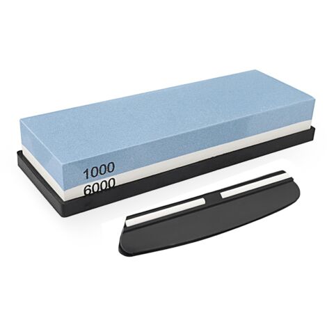 Afilador de cuchillos con grano 1000/6000. Este dispositivo cuenta con guías de posicionamiento y una base antideslizante.