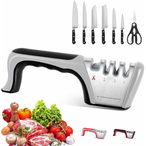 Afilador de cuchillos profesional de 4 etapas con afilador de tijeras, manual, afilado grueso, medio-fino y fino para tijeras (negro-gris)