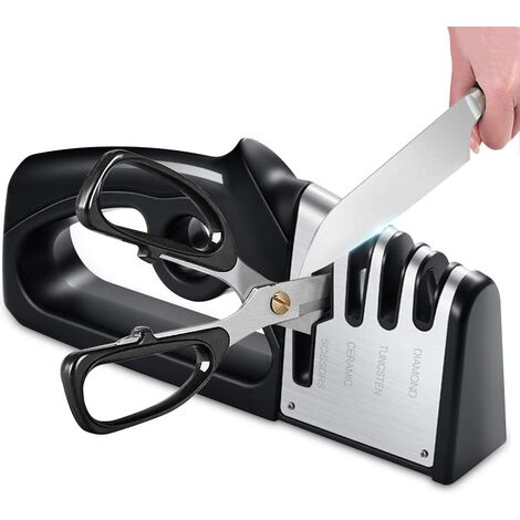 Afilador de cuchillos y tijeras de cocina 4 en 1, afilador de cuchillos profesional, afilador de cuchillos con borrador antideslizante para cuchillos de acero inoxidable y cerámica