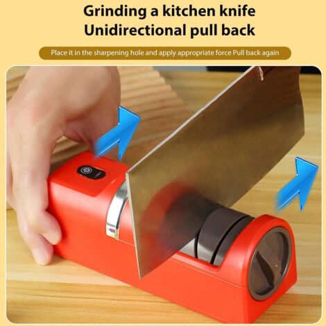 Afilador de tijeras, afilador eléctrico USB portátil con base antideslizante, adecuado para cocinas domésticas y acampadas al aire libre (rojo).
