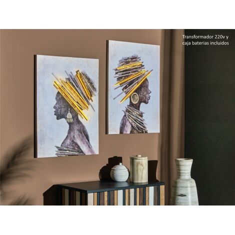 Afrikanisches Profil, bedruckte Leinwand, 50 % Öl, mit LEDs, 60 x 80 cm, 2er-Set, 60 x 3 x 80 cm