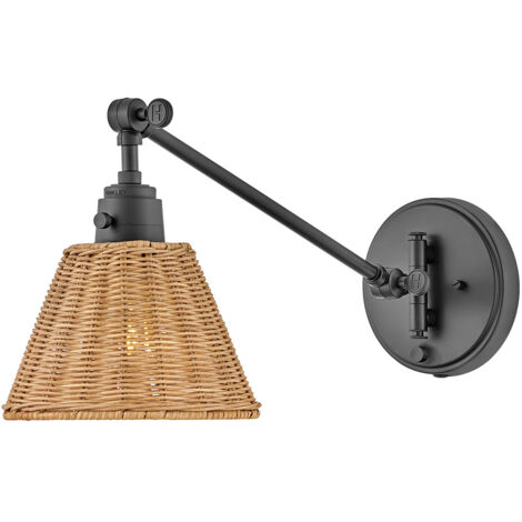 Afwerking: Zwart, natuurlijke rotan kap  Materiaal: Staal, rotan  Hoogte: 24,2 cm  Breedte: 19,4 cm  Uitval: 38-48 cm  Lamptype: E27  Aantal lampen: 1  Inclusief lamp: Nee  Gewicht: 1,1 kg  Wattage (m