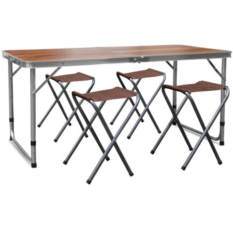 Aga Camping Set – Faltbarer Campingtisch mit 4 Hockern – höhenverstellbar –  kompakt & wetterfest - Aluminium – Koffertisch für 4 Personen - Braun