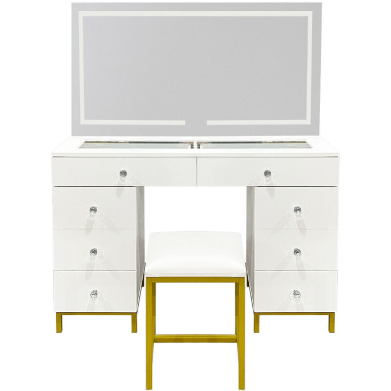 Aga24 – Coiffeuse moderne avec miroir et éclairage LED – Surface blanche mate 115x40,6x140cm – Huit tiroirs spacieux pour rangement