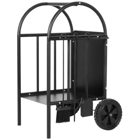 AGA24 Aga Porte bûche pour cheminée noir avec 2 roues, fond solide, support de stockage de bois, 4 outils de cheminée inclus en acier DS5503