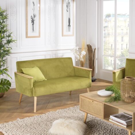 AGATHE - Canapé 2 places pieds et accoudoirs bois velours vert clair