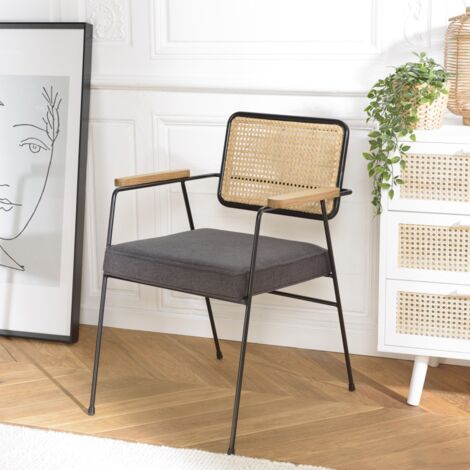 AGATHE - Fauteuil métal noir, dossier rotin et assise tissu gris