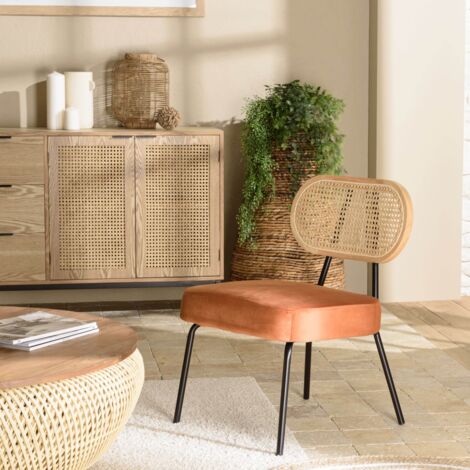 AGATHE - Fauteuil métal noir dossier rotin et assise velours orange
