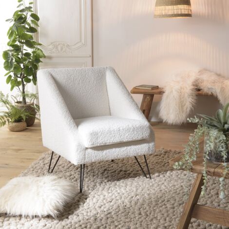 AGATHE - Fauteuil tissu bouclette blanc pieds épingles métal noir