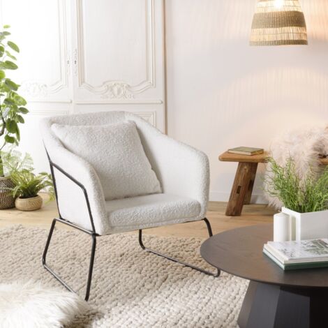 AGATHE - Fauteuil tissu bouclette blanc pieds évasés métal noir