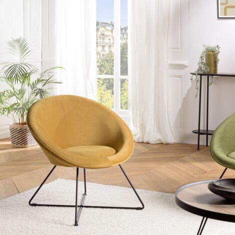 AGATHE - Fauteuil tissu velours jaune pieds croisés métal noir