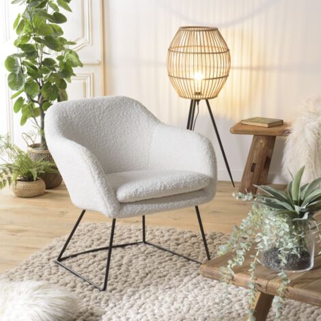 AGATHE - Fauteuil urban tissu bouclette blanc pieds évasés métal noir