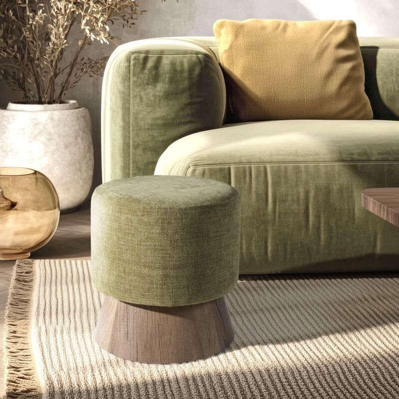 AGATHE - Pouf rond en tissu vert et pied bois D41cm