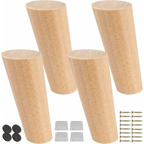 AGE 25CM Pieds De Meubles En Bois, 4 PCS Pieds De Table Inclinés Coniques Avec Plaque de Montage & Vis,Remplacement Pieds De Lit En Chêne Pour Canapé Chaise Cabinet Fauteuil Armoire,Naturel Vernis