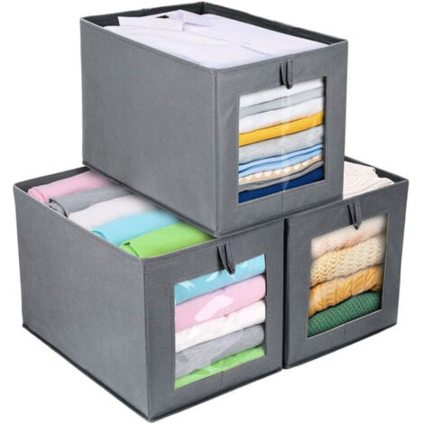 AGE Boîte de Rangement, Panier Cube de Rangement Pliable 3 Pièces, Fenêtre Transparente, Casier en Tissu en Carton avec Couvercle, Armoire, Tiroir, Gris Clair