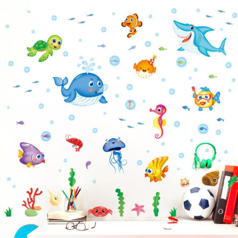 AGE Enfants, animaux marins, dauphins, stickers de poisson, décoration murale de chambre à coucher, stickers muraux de salle de bains de pépinière d'enfants 50  70cm 2pcs