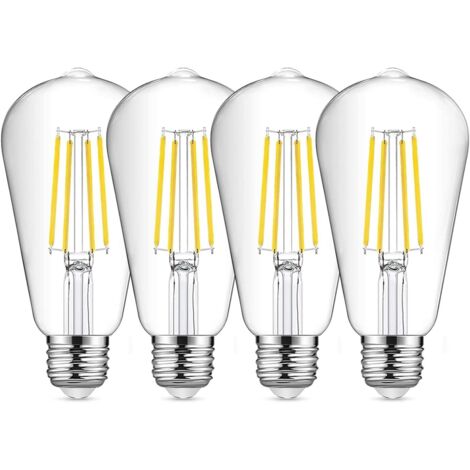 AGE Lot de 4 ampoules à filament LED E27 ST64, 8 W 6500 K blanc froid vintage, ampoules antiques Edison vintage