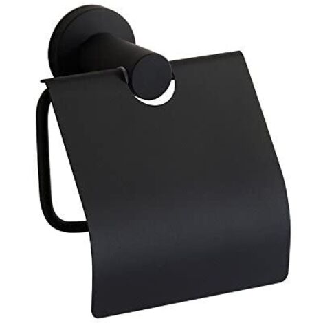 AGE Noir Base Ronde Mat Porte Rouleau Papier Toilette Noir avec Rabat Distributeur Papier Hygiénique WC avec Couvercle Murale en Acier Inoxydable 304 pour WC Salle de bain Toilettes