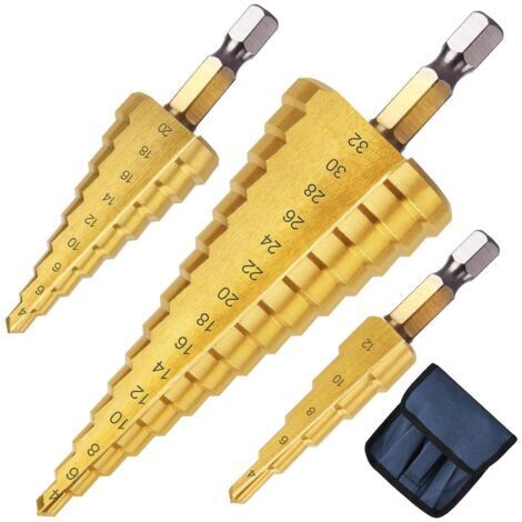 AGE Osqi – Set de 3 forets étagés HSS titane 4-12/20/32mm – Tige hexagonale 1/4' – Pour perçage métal, bois, aluminium, plastique