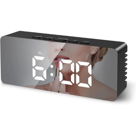 AGE Réveil numérique, réveil matinal avec affichage de la date et de la température sur écran LED miroir, luminosité et mode nuit réglables, fonction d'alarme et de répétition, réveil de voyage alimen