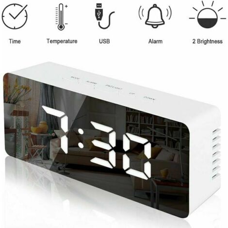 AGE Reveil Pile Réveil électronique avec Miroir Maquillage, Affichage Date, Température, Réveil Enfant Snooze, Mode en Veille, Luminosité Réglable, Alimenté par Batterie(Nouvelle Version)