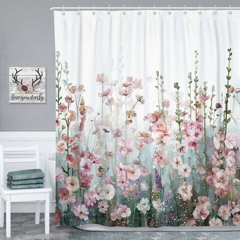 AGE Rideau de douche carré coloré pour salle de bain - moderne - décoratif - fleurs roses - multicolore - polyester - imperméable - 180 x 180 cm