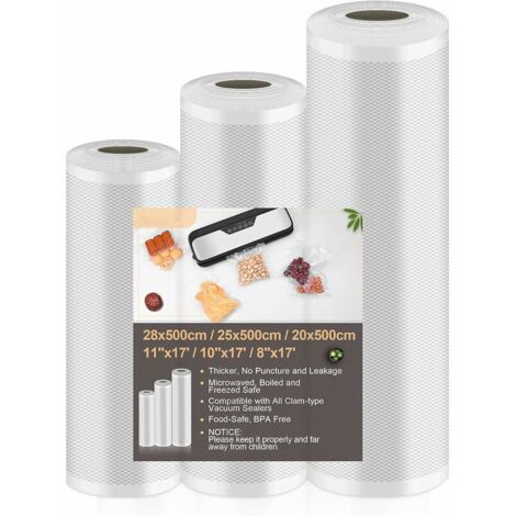 AGE Sac Sous Vide Alimentaire, Rouleaux Sac Sous Vide 3 Packs Compatible Pour Divers de Machine Sous Vide, 28 cm x 500 cm et 25 cm x 500 cm et 20 cm x 500 cm