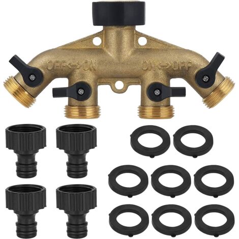 AGE Séparateur de tuyau extérieur robuste Adaptateur de robinet de jardin Collecteur de tuyau d'eau Vanne d'arrêt / marche individuelle, robinet de séparateur de tuyau en laiton massif à 4 voies