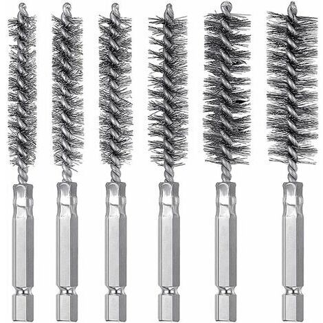 AGE Set de 6 pinceaux de trou métallique à poignée hexagonale en acier inoxydable, pinceau de pistolet à tige hexagonale polissage polissage pinceau de tuyau d'épines brosse en acier inoxydable brosse