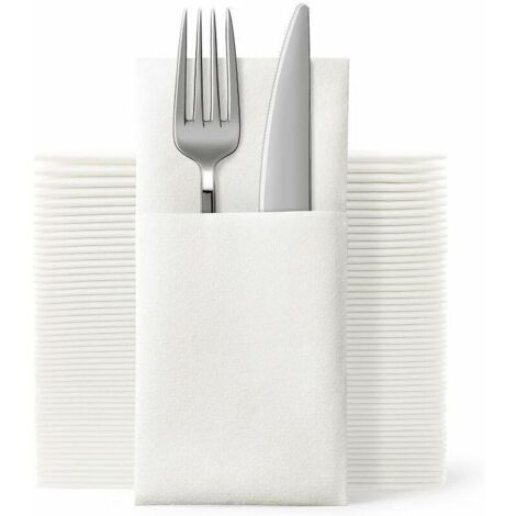 AGE SR Lot de 50 serviettes en tissu jetables - Sac à couverts intégré - Serviettes en lin blanc - Convient pour les fêtes de mariage - Couverts en argent pré-pliés (blanc)