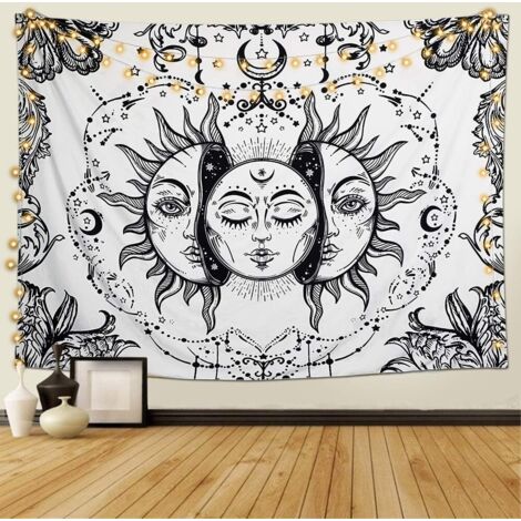 AGE Tarot Tapisserie Murale Mandala Indien Bohémien Psychédélique Tapisseries Noir Blanc Lune et Soleil Tenture Murale Drap Décoration Mural pour Chambre Salon Dortoir (Blanc, M / 150x130cm)