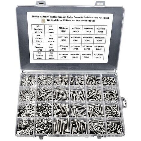 AGE Vis 860pcs m2 m3 m4 m5 hexagone douille jeu de vis en acier inoxydable plat rond tête de tête kit de vis boulons et écrous allen boulons set