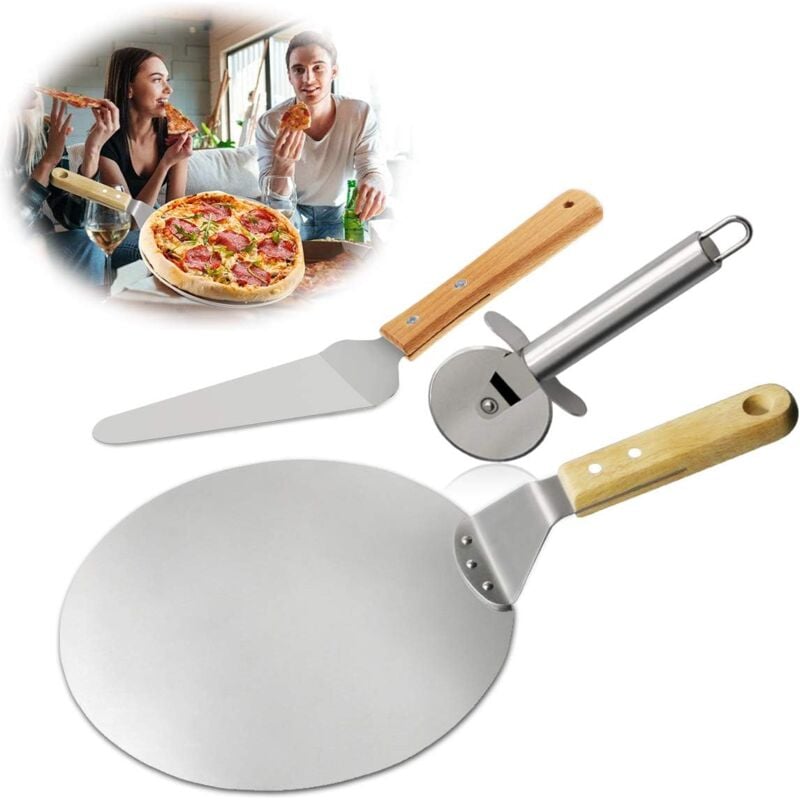 3pcs Roulette pizza, Pelle à pizza, Pelle à gâteau en Acier Inoxydable Manche en bois , Idéal pour Tarte, Pizza ou Gâteau,AAFGVC