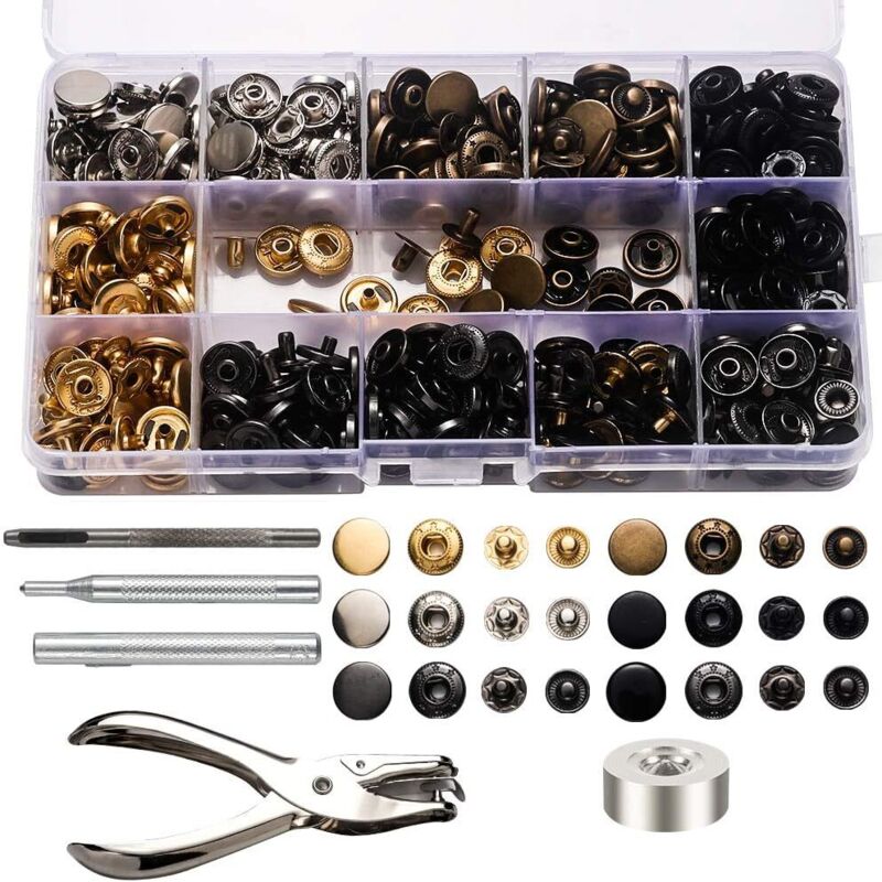 Fermoirs à Bouton-Pression Kit, 120 Set Bouton Snaps en Métal Goujons de Presse avec Pinces à Poinçonner et 4 Pièces Outil de Fixation Kit pour