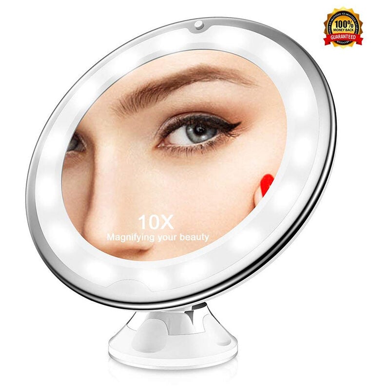 Promotion, Miroir Grossissant X10, Miroir Grossissant Lumineux led de Voyage avec Ventouse, Miroir Grossissant Mural Portable, Rotation à 360°,