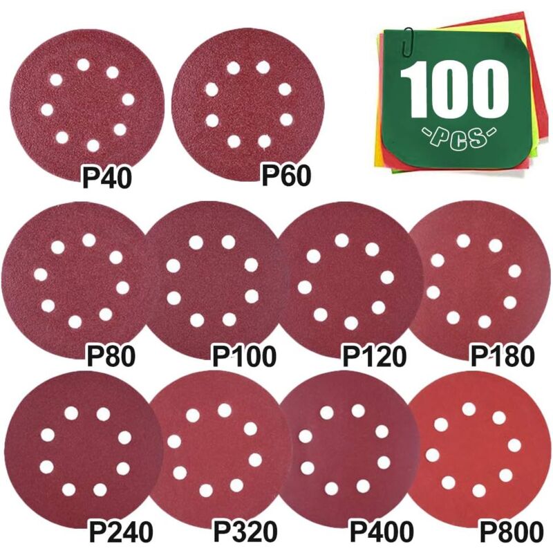 Papier de verre 100, Disque Abrasif 125mm Assorti 40 60 80 100 120 180 240 320 400 800 grain, disques ponçage papier abrasifs ponceuse orbitale pour