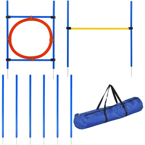 Agility sport pour chiens équipement complet : 6 poteaux slalom, obstacle, anneau + sac de transport bleu jaune rouge - Bleu