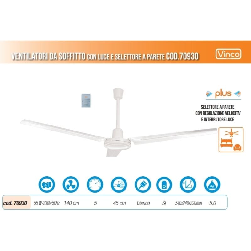 Image of Agitatore/Ventilatore da soffitto con 3 pale e selettore da parete Vinco - Easy70930