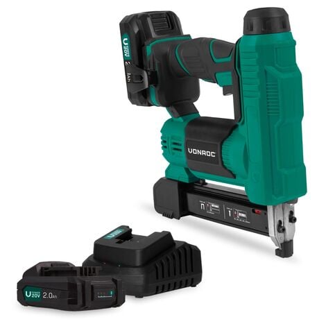 Agrafeuse Cloueuse Sans Fil 20V VONROC - Deux Batteries 2.0Ah et Chargeur inclus, Agrafes 20mm et 25mm inclus, Clous 20mm et 32mm inclus - LED intégrée, Percussion Réglable, Réservoir de 100 pièces