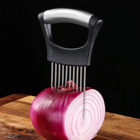 Aguja de acero para cebolla con soporte de corte seguro, cortador de tomates fácil, tenedor seguro, cuchillo de bolsillo para verduras, cuchillo de cocina, negro, 14 x 9,3 cm