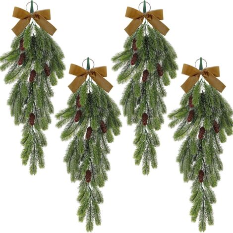 Aguja de pino de PE invertida, forma de lágrima, árbol de Navidad, lazo de terciopelo, flor artificial colgante, estilo lazo marrón, 4 piezas
