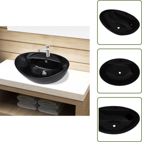 Agujero para drenaje - Lavabo de cerámica con agujero para grifo/desagüe negro ovalado - Lavabo ovalado