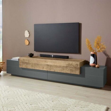 Ahd Amazing Home Design – Meuble TV moderne 240cm en bois chêne et anthracite – 4 espaces de rangement – Design 100% Made in Italy – Portes à battant