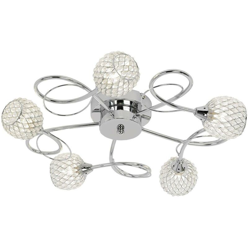 Endon Aherne - 5 Light Semi Flush Multi Arm Ceiling Light Chrome with Wire, Bead Shade, G9