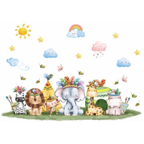 Ahlsen 1 Set Cartoon-Safari-Tiere-Wandaufkleber, niedlicher Elefant, Zebra, Giraffe, indischer Stil, Schmetterlingsblatt-Wandaufkleber, abnehmbare Kinder-Wanddekoration