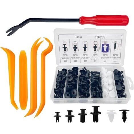 Ahlsen 100 Pièces Clips de Fixation Voiture, 6 Taille Rivet Plastique et 4 Coins de Garniture de Voiture Ainsi Qu'Un Outil de Démontage De Fixation, Agrafe Carrosserie pour Auto Voitures Panneaux